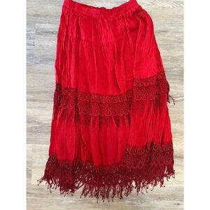 Red Tiered Boho Skirt Lace Fringe Rayon Festival Flamenco Gypsy 33" Long Boho